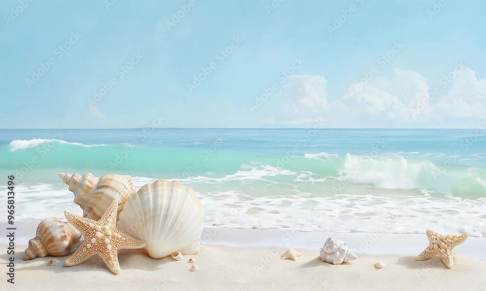 Ocean beach with seashells and starfish, gentle waves, bright sky Ocean beach with seashells and starfish, gentle waves, bright sky