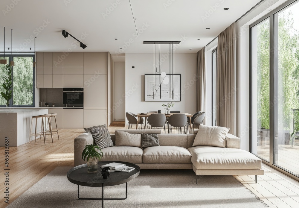 Fototapeta premium Minimalist open-plan living area with neutral colors, modern furniture, and large windows letting in natural light