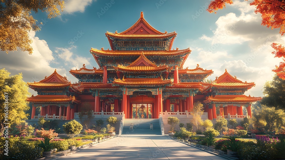 Traditional Chinese ancient temple set against a radiant blue sky, with sunlight casting warm tones over the scene. Realistic photography highlights the architectural beauty of the temple, creating a Traditional Chinese ancient temple set against a radiant blue sky, with sunlight casting warm tones over the scene. Realistic photography highlights the architectural beauty of the temple, creating a