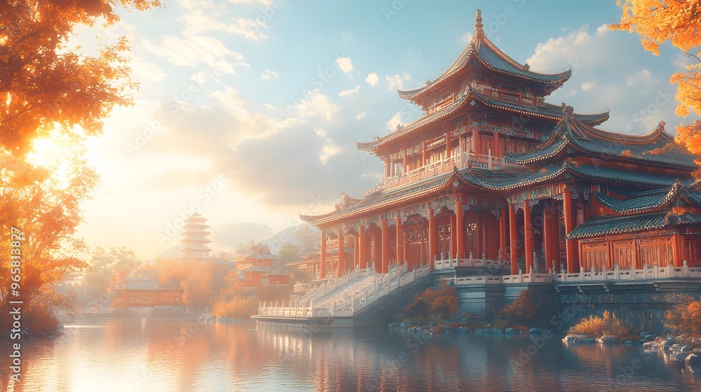 Chinese ancient temple bathed in sunlight against a clear blue sky, with no people present. Realistic photography captures the essence of traditional architecture and the serene ambiance, producing a Chinese ancient temple bathed in sunlight against a clear blue sky, with no people present. Realistic photography captures the essence of traditional architecture and the serene ambiance, producing a