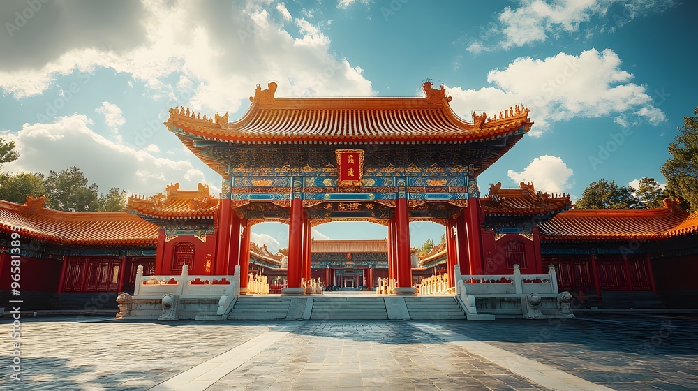 Fototapeta premium Beautiful Chinese ancient temple bathed in bright sunlight and set against a blue sky. Realistic photography emphasizes the temple’s historical architecture in a calm, people-free setting, perfect