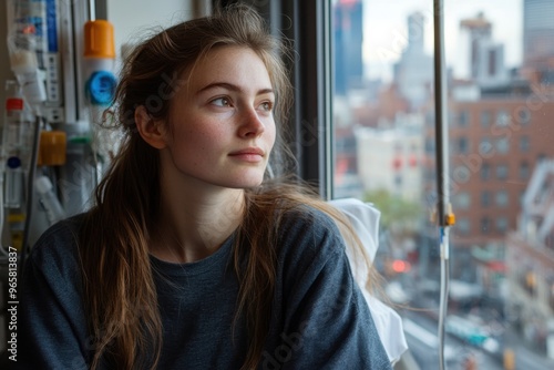 A young woman sits inwardly looking out from her hospital room window, her hair naturally tousled, showing a mixture of hope and contemplation against a blurred city background. photo