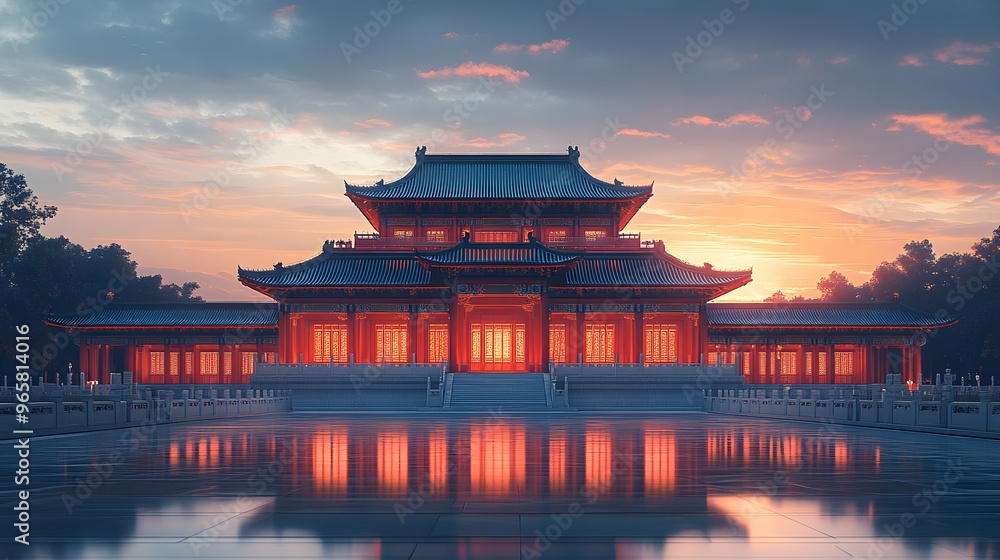 Graceful Chinese ancient temple illuminated by sun rays under a vivid blue sky. Realistic photography showcases the temple’s beauty and intricate details with no people in sight, providing a serene Graceful Chinese ancient temple illuminated by sun rays under a vivid blue sky. Realistic photography showcases the temple’s beauty and intricate details with no people in sight, providing a serene