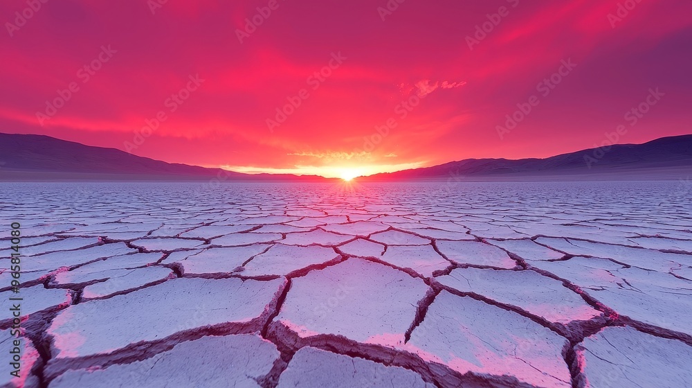 Dramatic Sunset Over Parched Earth, a striking desert scene featuring vibrant hues illuminating cracked soil, showcasing the harsh beauty of arid landscapes. Dramatic Sunset Over Parched Earth, a striking desert scene featuring vibrant hues illuminating cracked soil, showcasing the harsh beauty of arid landscapes.