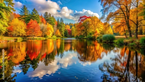 Autumn landscape in the forest and park with water, trees, sky, and nature elements, autumn, landscape, forest, park, water