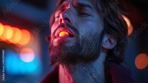 A person taking a throat lozenge, with visible relief after consuming it for their sore throat.