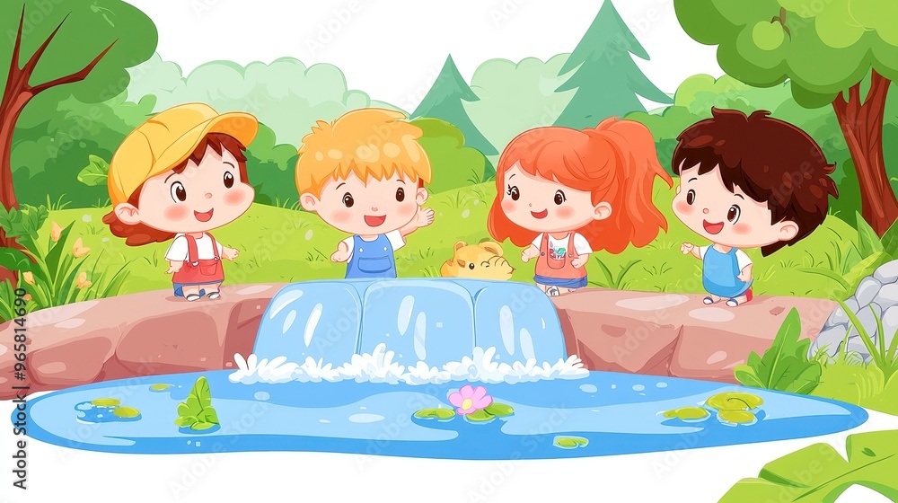 Joyful children exploring a lush forest, laughter echoes among tall trees, vibrant greenery surrounds them, a sense of wonder and friendship in the air. Joyful children exploring a lush forest, laughter echoes among tall trees, vibrant greenery surrounds them, a sense of wonder and friendship in the air.