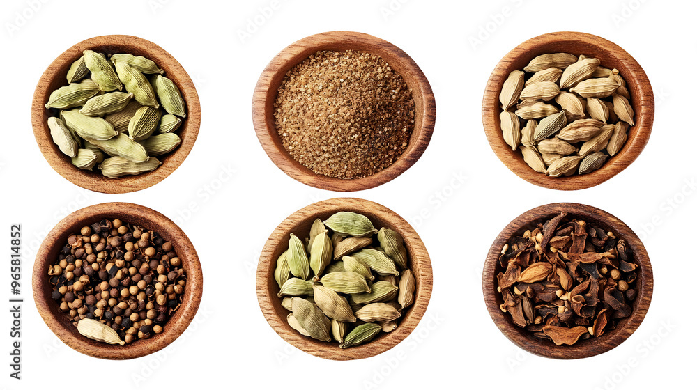 Six Wooden Bowls Filled with Various Spices on Transparent Background Six Wooden Bowls Filled with Various Spices on Transparent Background