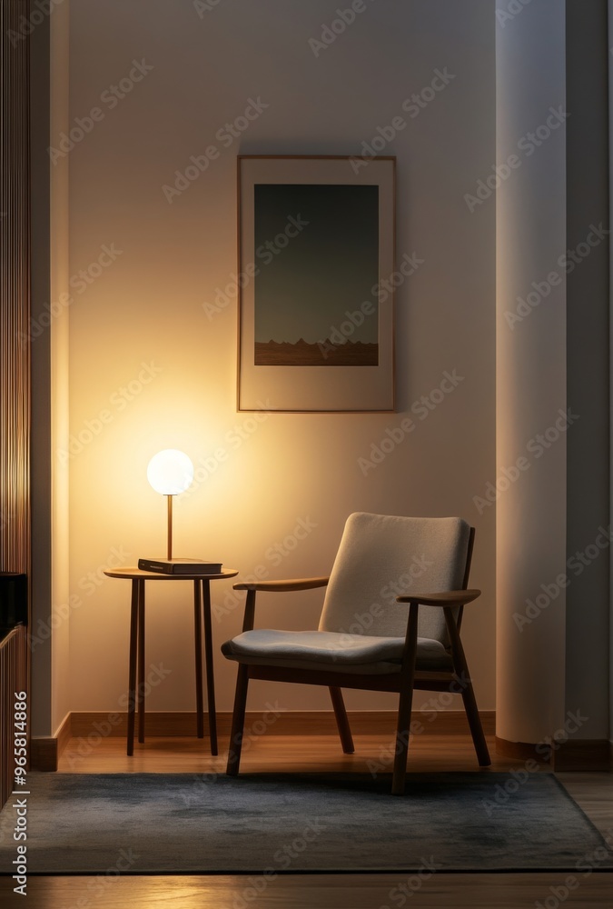 Minimalist reading nook with a simple chair, small table, and a single lamp providing cozy lighting Minimalist reading nook with a simple chair, small table, and a single lamp providing cozy lighting
