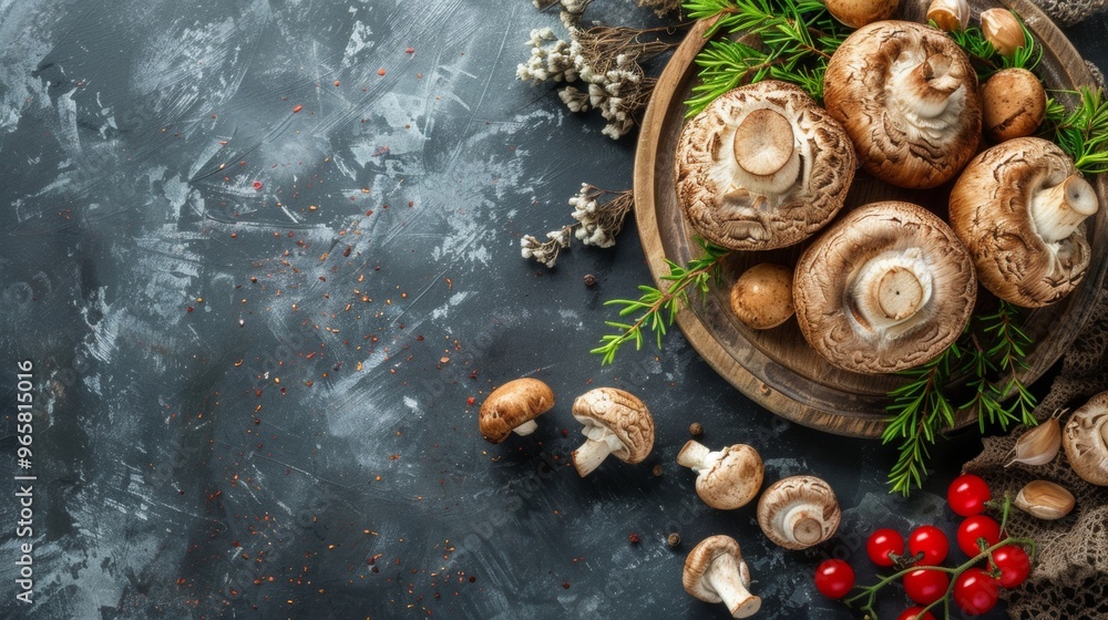 Rustic mushrooms with herbs and garlic on wooden plate Rustic mushrooms with herbs and garlic on wooden plate