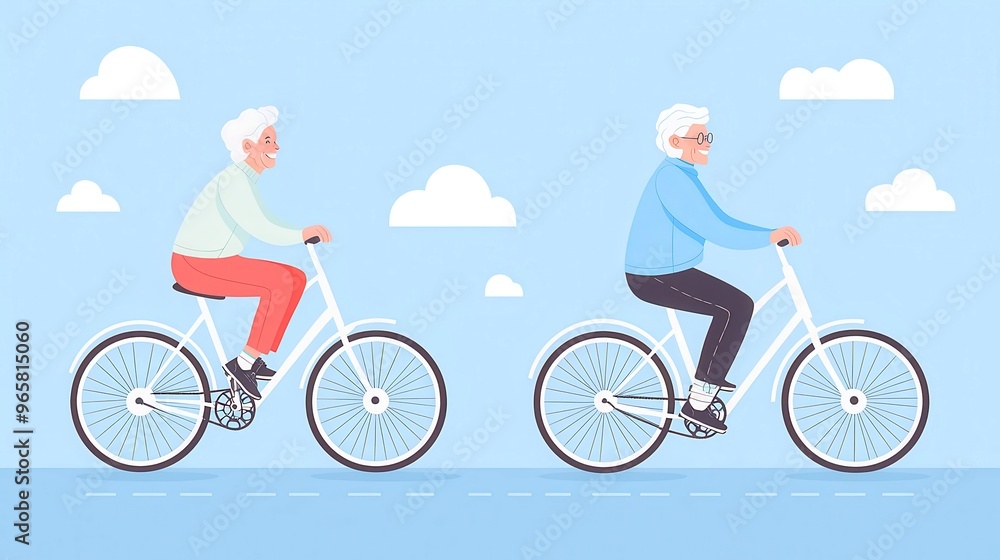 Joyful elderly couple cycling together in a vibrant summer park, surrounded by lush greenery, blooming flowers, and a clear blue sky, embodying love and vitality. Joyful elderly couple cycling together in a vibrant summer park, surrounded by lush greenery, blooming flowers, and a clear blue sky, embodying love and vitality.