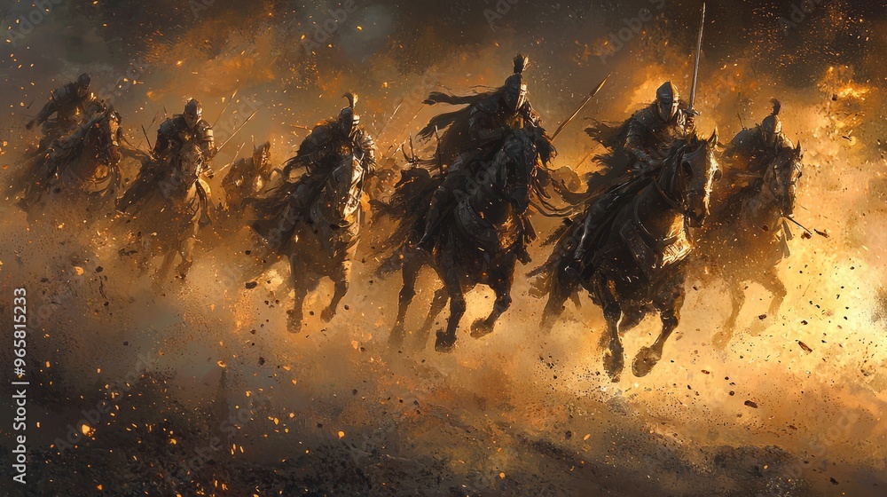 Fototapeta premium Knights on Horses Charging Through Fire