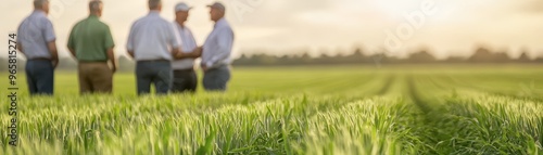 Group of farmers in a field discussing crop management strategies, teamwork, agricultural innovation