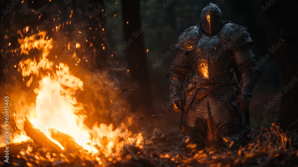 Medieval Knight in Armor by a Campfire in the Forest Medieval Knight in Armor by a Campfire in the Forest