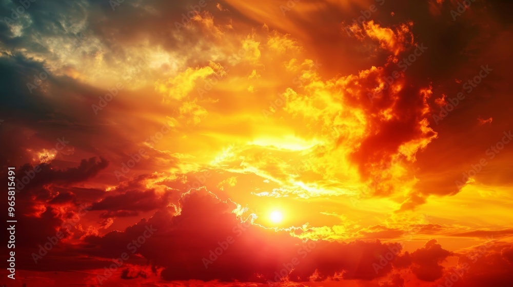 The sun sets in a blaze of fiery colors, with the sky transitioning from bright yellow to deep crimson, creating a striking and vivid sunset scene. The sun sets in a blaze of fiery colors, with the sky transitioning from bright yellow to deep crimson, creating a striking and vivid sunset scene.