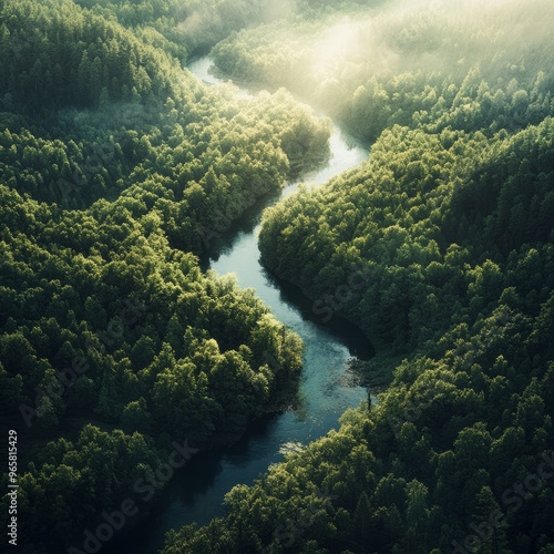 A winding river flows through a dense green forest, sunlight shining through the canopy.