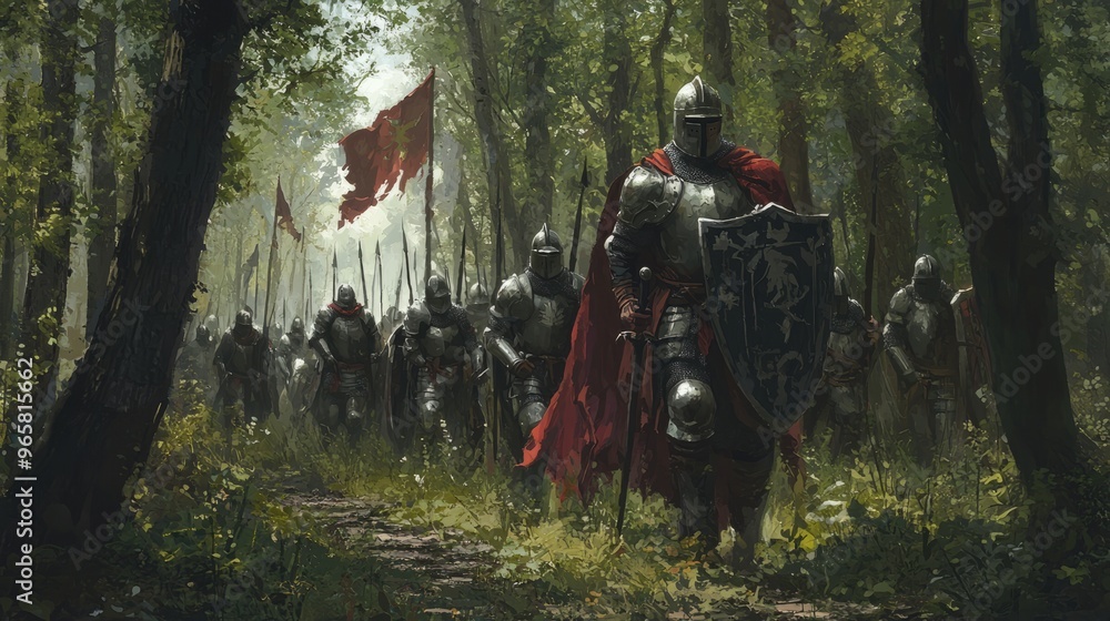 Medieval Knights Marching Through Forest Medieval Knights Marching Through Forest