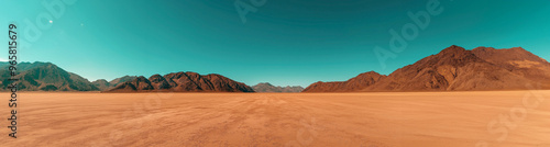 Wide-angle view of a barren desert landscape with cracked soil, leading to rocky mountains under a clear blue sky, suggesting arid conditions and open space.