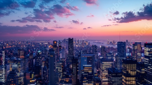 Wallpaper Mural Vibrant city skyline at dusk with a variety of high-rise buildings, creating a captivating contrast between the illuminated cityscape and the darkening sky. Torontodigital.ca