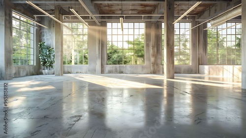 Empty room with large windows and city view