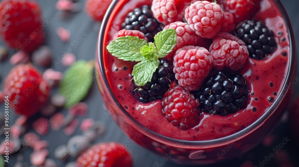 Vibrant mixed berry smoothie with raspberries blackberries and mint Vibrant mixed berry smoothie with raspberries blackberries and mint