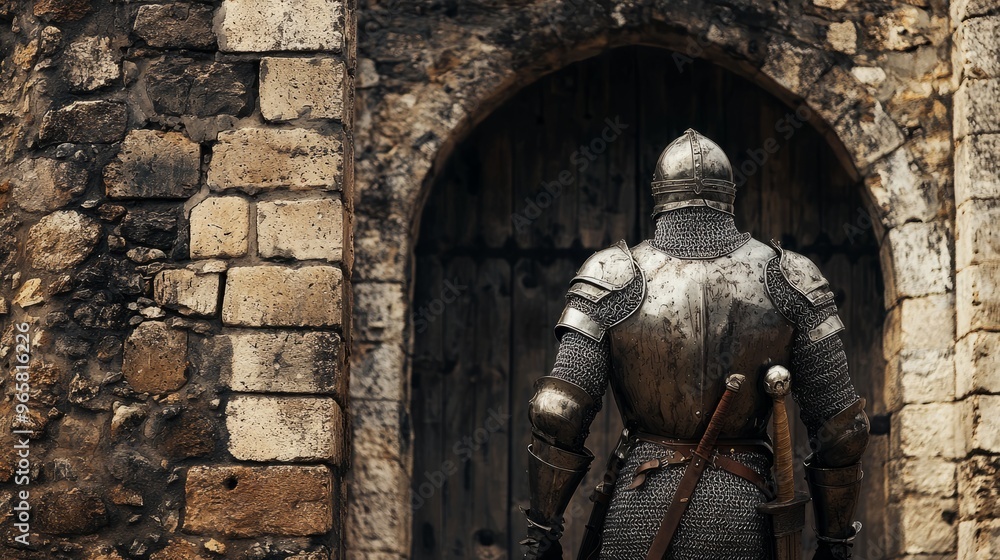 Fototapeta premium Medieval Knight in Full Armor Standing Before an Ancient Stone Doorway