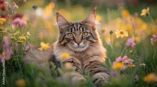 A majestic cat lounging in a vibrant flower field during golden hour.