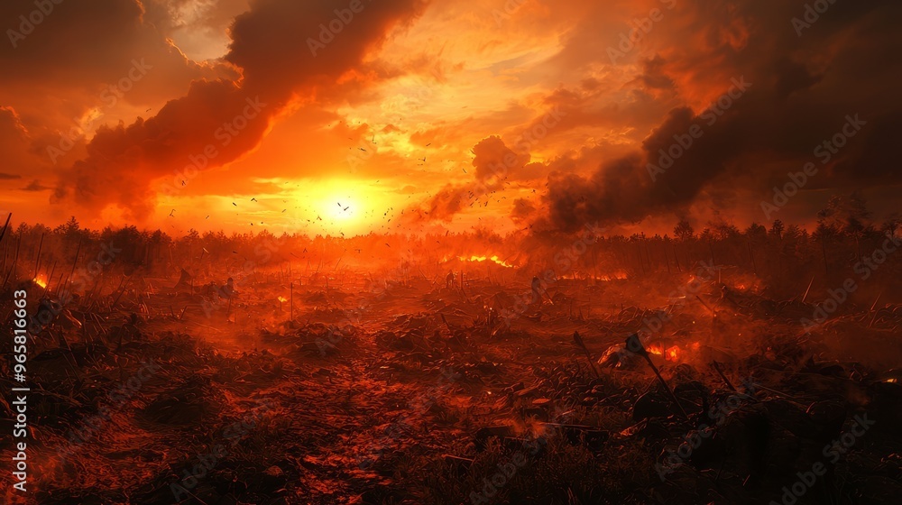 Apocalyptic Sunset Over Burning Forest Battlefield Apocalyptic Sunset Over Burning Forest Battlefield