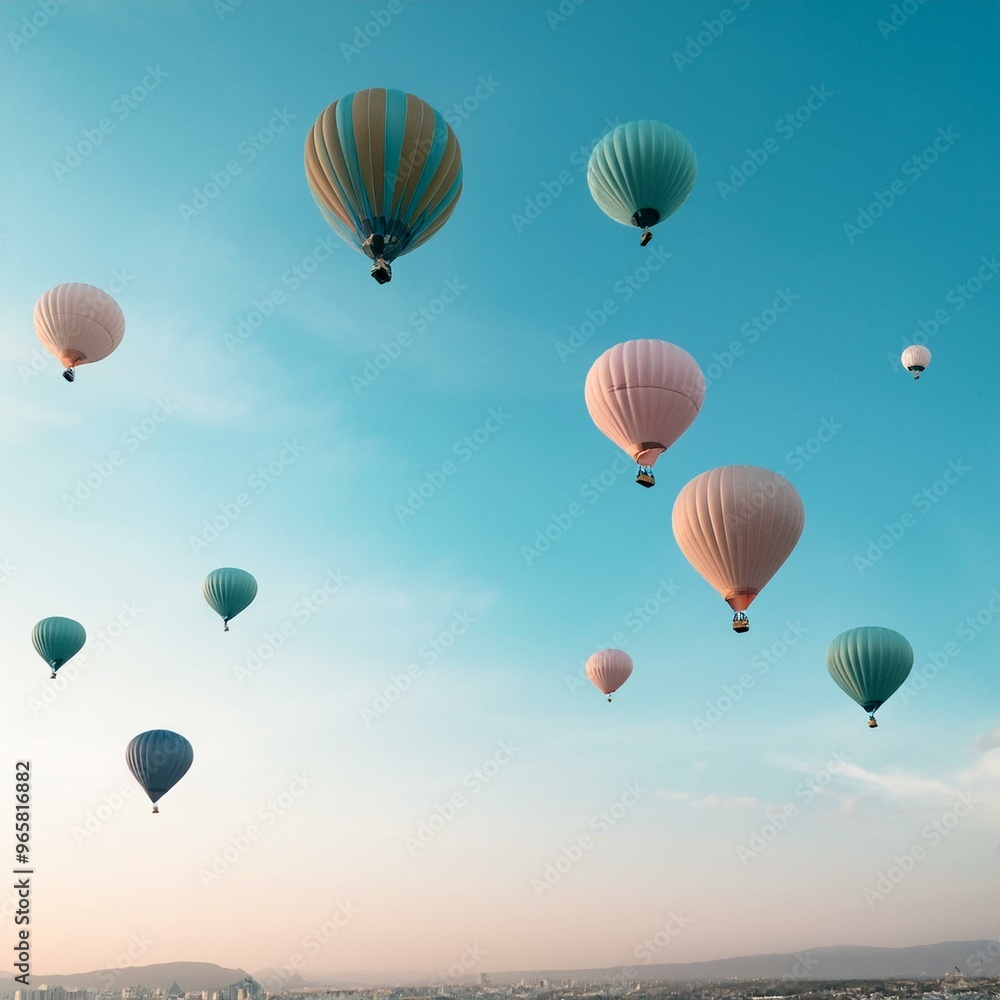 Fototapeta premium Pastel hot air balloons in a clear sky, soft and whimsical, ideal for a childs room or playful space