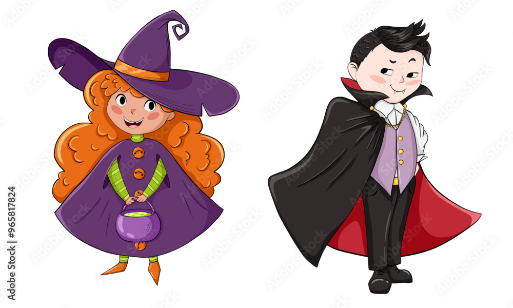 Children in Halloween costumes. Cartoon vector characters of kid witch, vampire. Cute girl and boy in festival outfit for party, web, mascot. Isolated on white background Children in Halloween costumes. Cartoon vector characters of kid witch, vampire. Cute girl and boy in festival outfit for party, web, mascot. Isolated on white background
