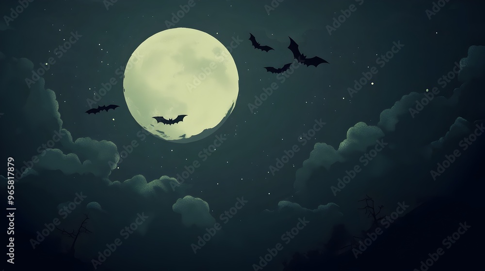 Minimal Moonlit Halloween Backdrop with Bat Silhouettes in Moody Night Sky Minimal Moonlit Halloween Backdrop with Bat Silhouettes in Moody Night Sky