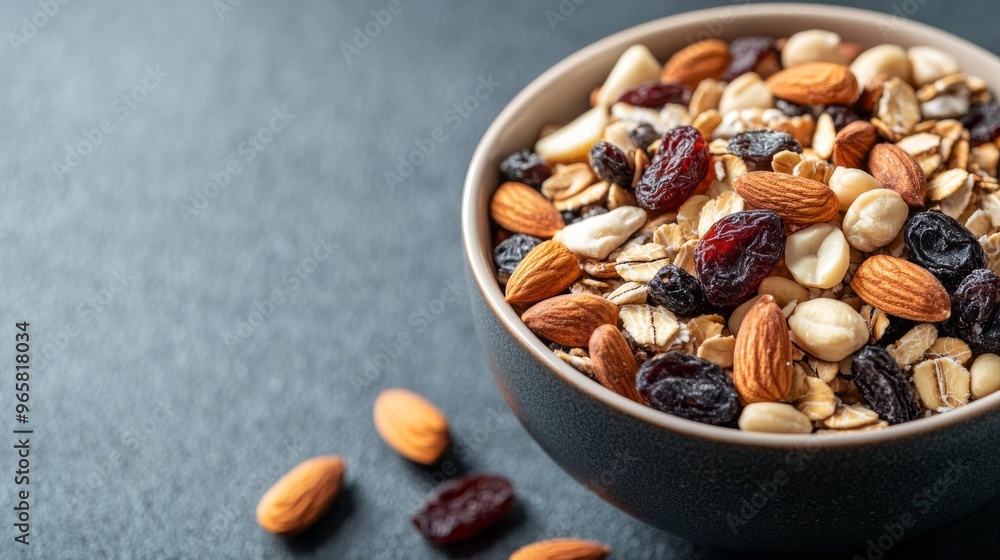 Muesli with dried fruits and nuts in a bowl Muesli with dried fruits and nuts in a bowl