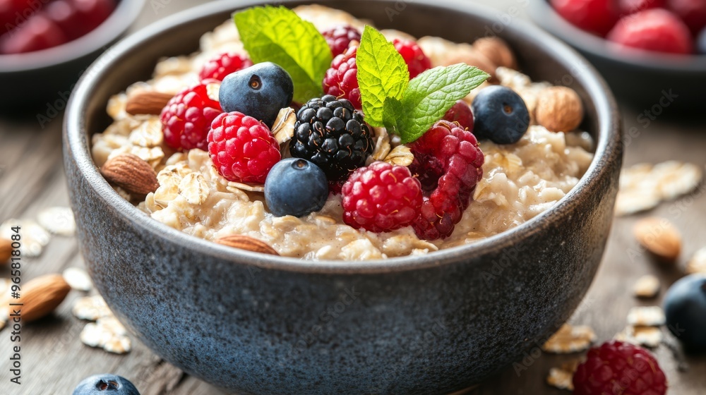 Oatmeal with berries and nuts on a rustic table Oatmeal with berries and nuts on a rustic table