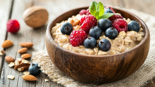 Oatmeal with berries and nuts on a rustic table