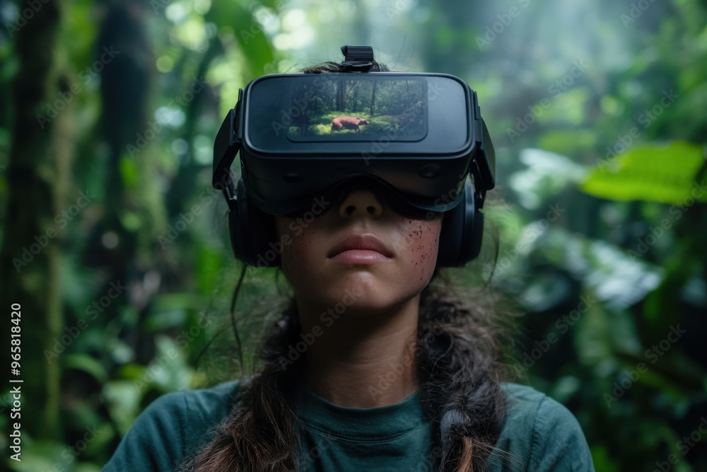 A person wearing a virtual reality headset and headphones, immersed in a dense and vibrant jungle environment to experience nature through VR technology. A person wearing a virtual reality headset and headphones, immersed in a dense and vibrant jungle environment to experience nature through VR technology.