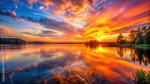 Vibrant sunset casting a warm glow over a tranquil lake, sunset, lake, reflection, evening, water, peaceful, nature