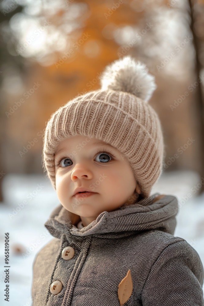 A touching image of a baby dressed warmly, highlighting their curious eyes against a snowy, serene background. A touching image of a baby dressed warmly, highlighting their curious eyes against a snowy, serene background.