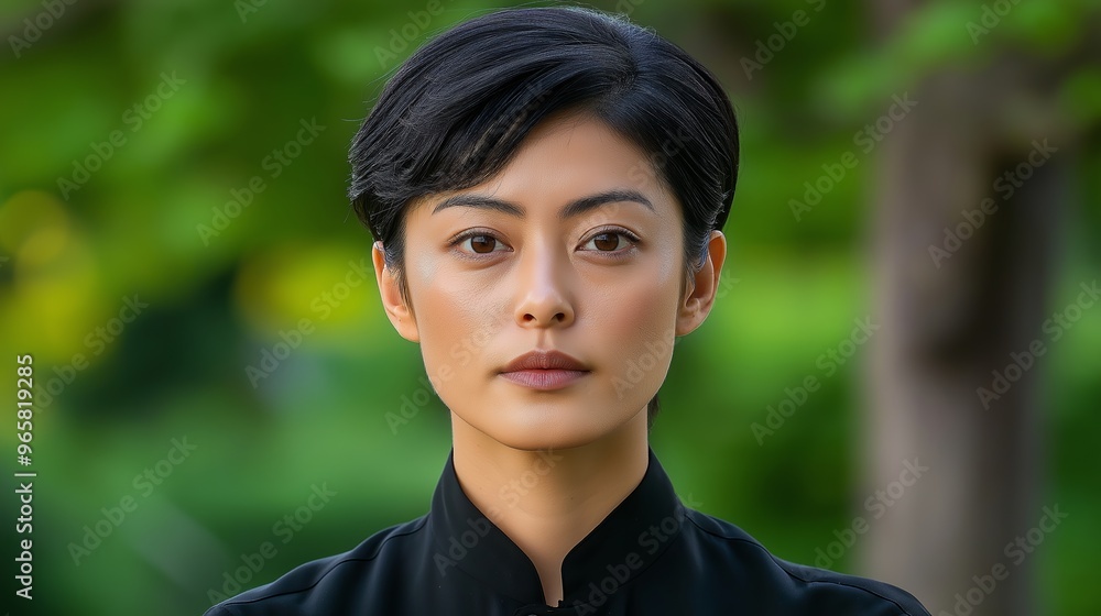 A woman with short hair and a black dress. She is wearing a necklace and has a necklace around her neck A woman with short hair and a black dress. She is wearing a necklace and has a necklace around her neck