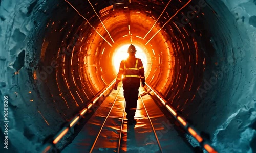 Miner in reflective vest, underground shaft, dim lighting photo