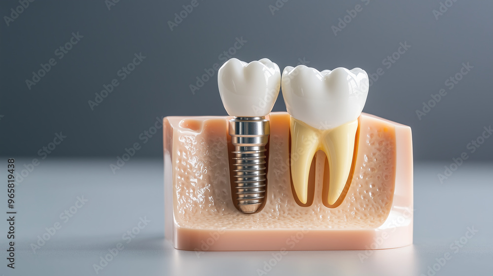 Dental treatment concept with dental implant model on gray background, close-up of tooth and dental shelf Dental treatment concept with dental implant model on gray background, close-up of tooth and dental shelf