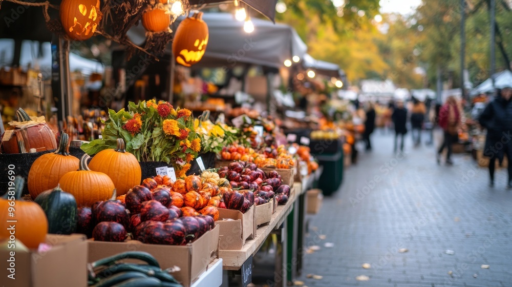 A Halloween market filled with hand-carved pumpkins spooky decorations A Halloween market filled with hand-carved pumpkins spooky decorations