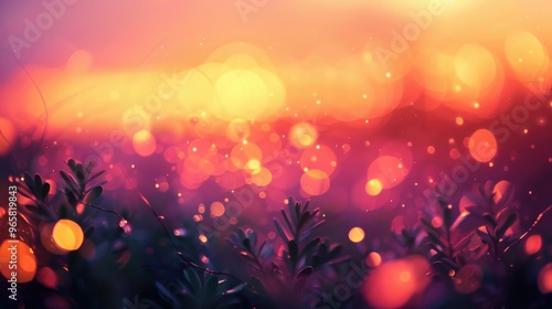 Warm gradients of sunset hues - orange, pink, and purple - blending with soft, blurred bokeh lights that evoke the peacefulness of twilight.