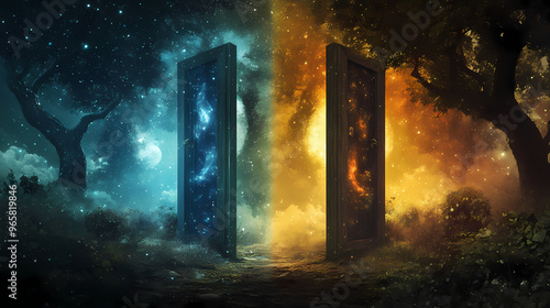 Wallpaper Mural Parallel realms: doorways to different worlds in a mystical forest. Parallel Universe. Illustration Torontodigital.ca