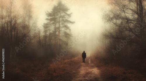 Solitude Among the Trees: A Lonely Figure Embraces Nature's Abandonment in the Misty Forest