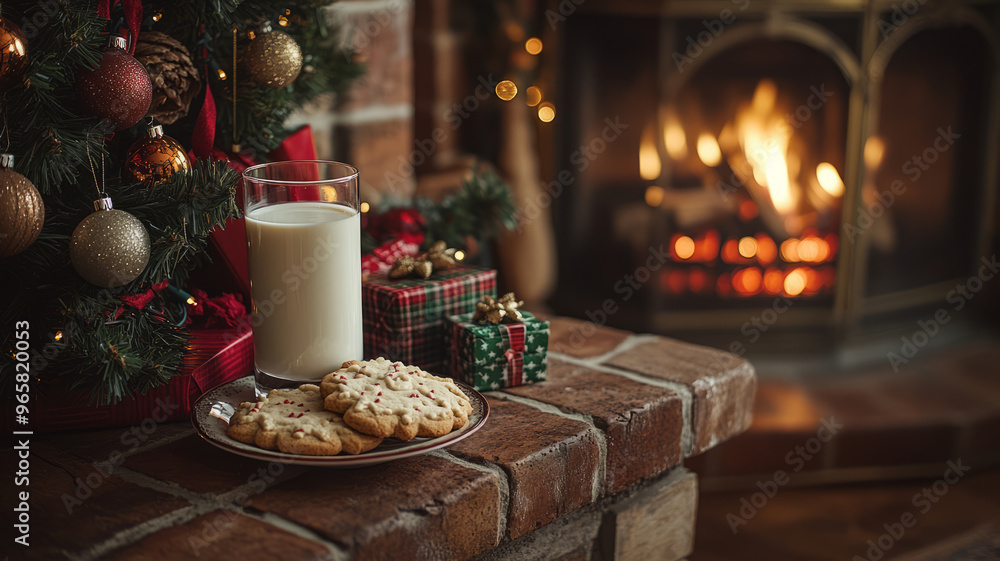 A cozy fireplace surrounded by gifts, Christmas decor, cookies, and milk. A cozy fireplace surrounded by gifts, Christmas decor, cookies, and milk.