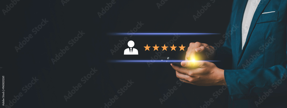 a business holding a smartphone, a user icon and representing a five-star rating. customer reviews, online ratings, or quality service. related to business, customer feedback, service excellence