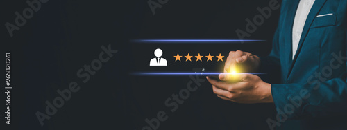 Obraz na płótnie a business holding a smartphone, a user icon and representing a five-star rating. customer reviews, online ratings, or quality service. related to business, customer feedback, service excellence w salonie