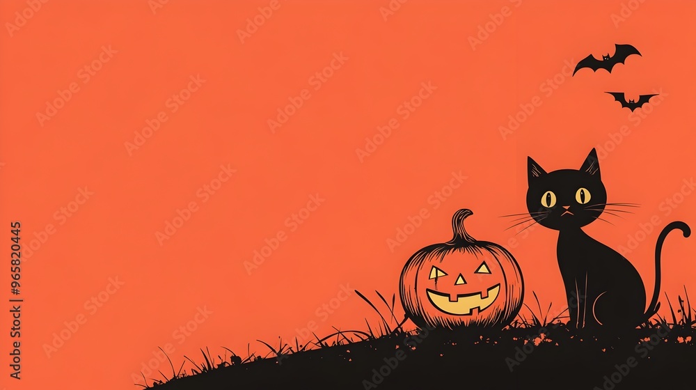 Minimal Black Cat and Jack-o'-Lantern Halloween Scene Minimal Black Cat and Jack-o'-Lantern Halloween Scene