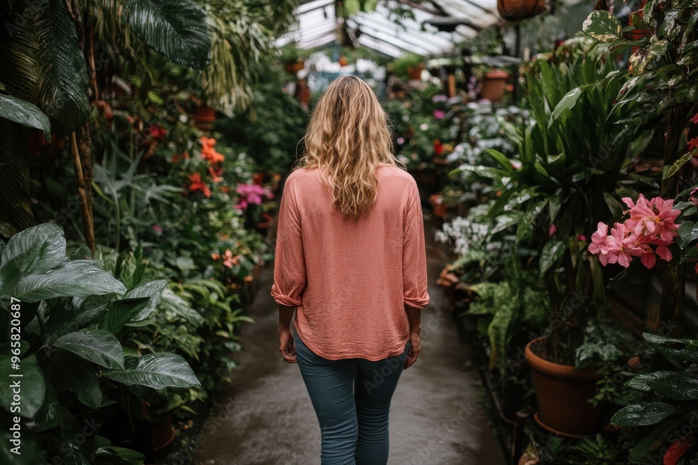 An individual walking through a lush indoor botanical garden, surrounded by vibrant greenery and colorful flowers, enjoying a peaceful and immersive nature experience. An individual walking through a lush indoor botanical garden, surrounded by vibrant greenery and colorful flowers, enjoying a peaceful and immersive nature experience.