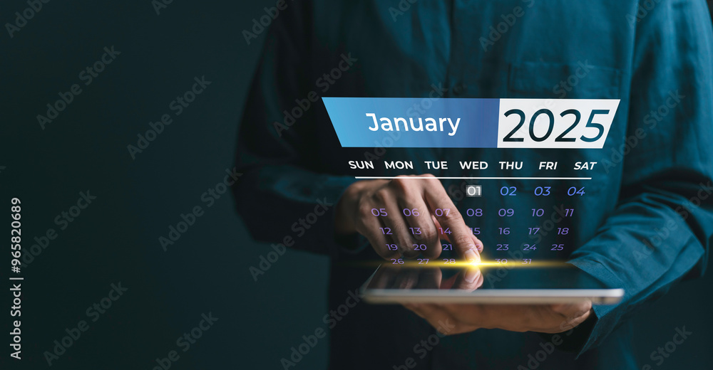 January 2025 calendar, business goals trends 2025, businessperson planning business growth strategy digital marketing, stock market trends and business, technical analysis strategy.